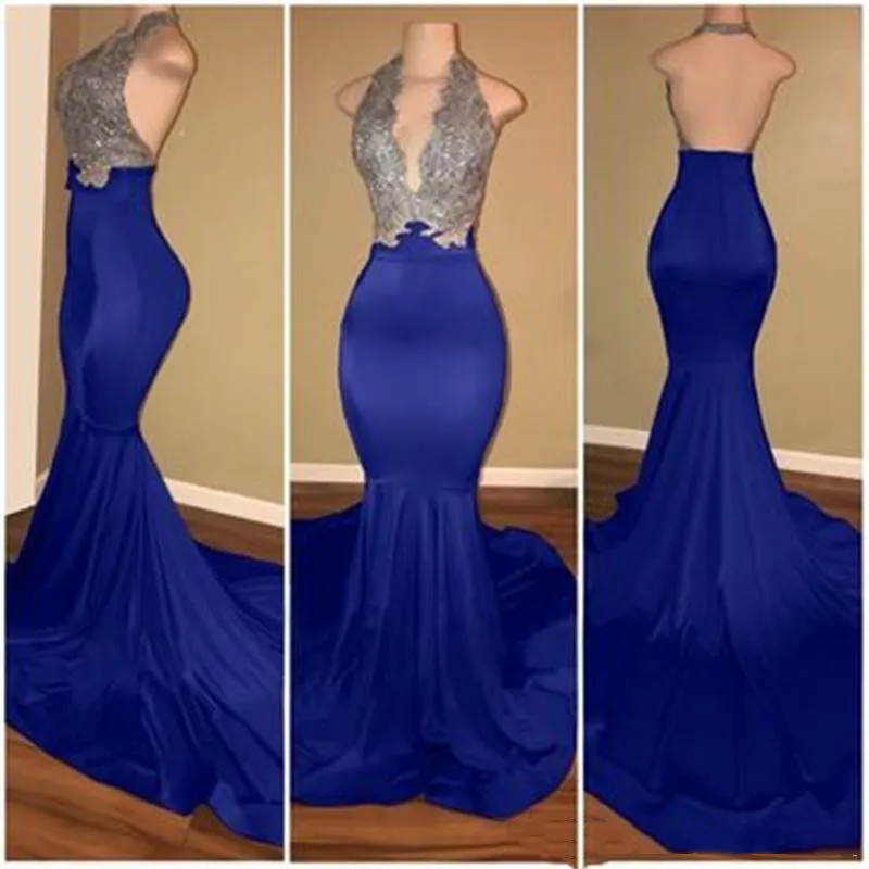 Royal Blue Red African Mermaid Prom Dress Lange Spitze vor Schulter durch Sweep Train formale Abendparty für Kleider Kleider