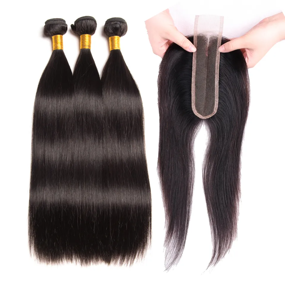 Bundles de cheveux péruviens avec fermeture Bundles de cheveux raides avec fermeture à lacets Kim K 2 * 6 Bundles naturels de cheveux humains Remy avec fermeture