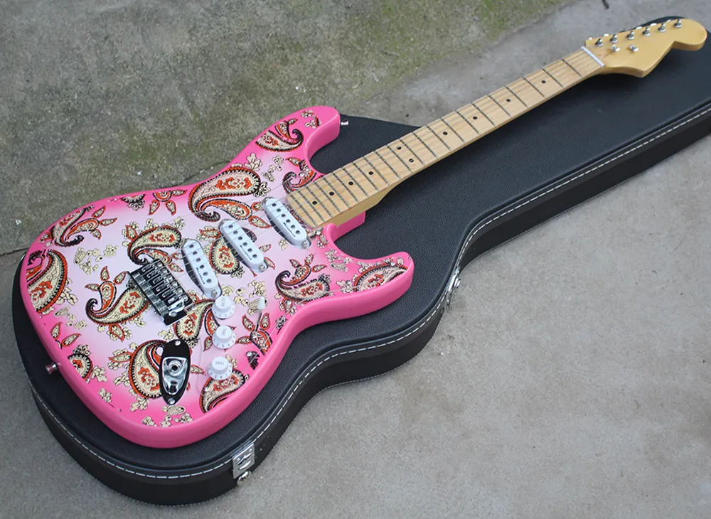 Pink Electric Guitar with Flower Pattern,SSS Pickups,Transparent Pickguard,Maple Fretboard,Can be Customized as Request