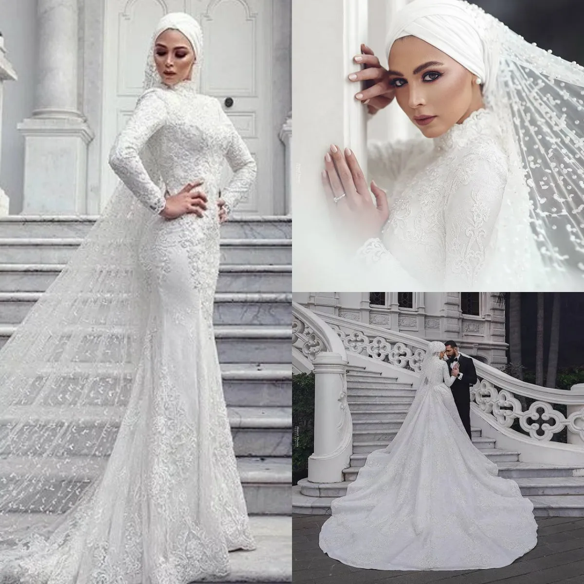 2021 robes de mariée musulmanes modernes sirène dentelle à manches longues col haut saoudien arabe robe de mariée avec Hijab voiles sur mesure