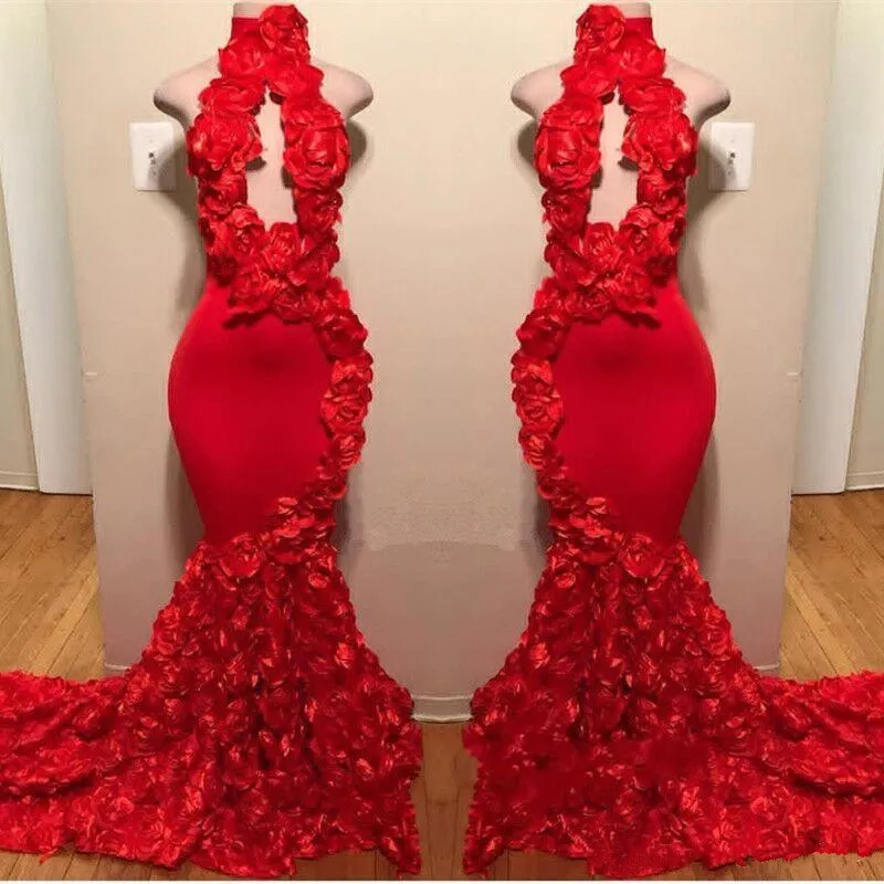 Nya sjöjungfrun RED PROM -applikationer High Neck Sexiga formella aftonklänningar Sop Train Satin Fashion Tail Party Gowns