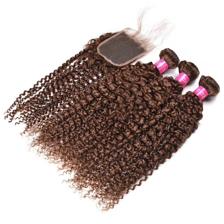 Brasileiro Virgin Humano Pacotes Cabelo castanho Kinky Curly Hair Extensions 3 Pacotes com laço frontal Encerramento #Brown cabelo tramas Tramas