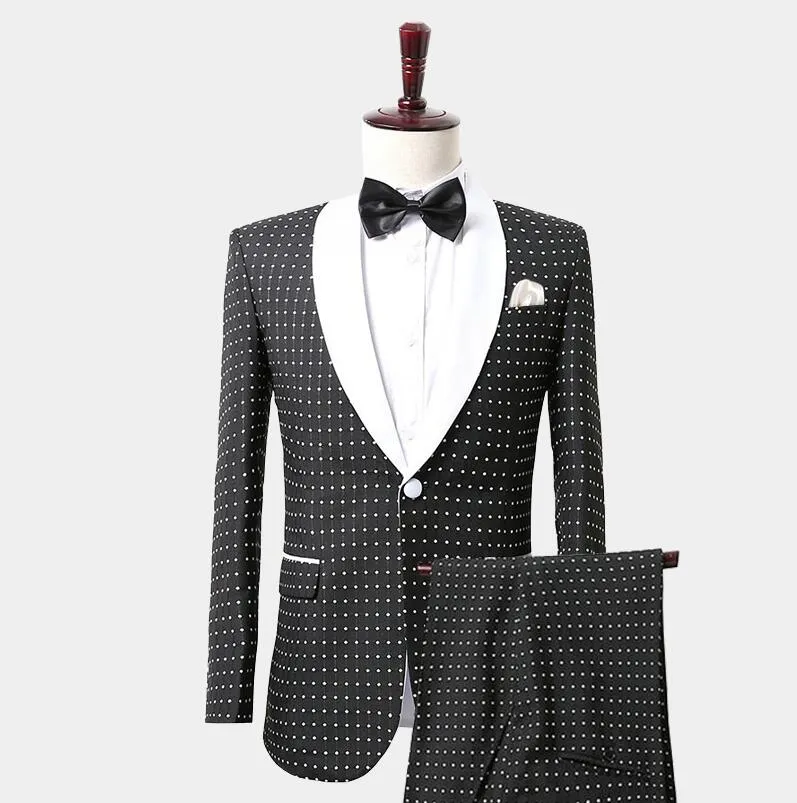 Fashion Gentleman Black & White Polka Dot Tuxedo Suit With Shawl Lapel Mens Suits Custom Made Wedding Tuxedos Jacket Pants Vest Slim Fit