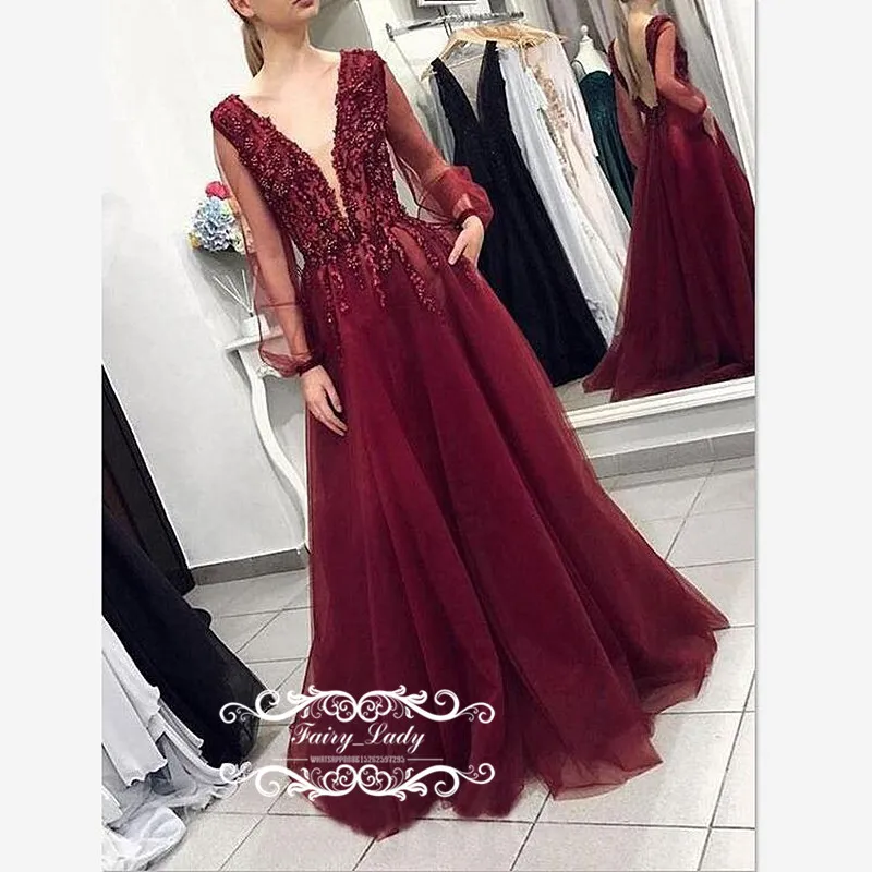 Abito Da Sera Scollato Con Collo Scollato 2019 Abito In Tulle Bordeaux Con  Trasparenti Maniche Lunghe Con Scollo A V E Abiti Da Festa Le Donne Da  133,82 € | DHgate Italy