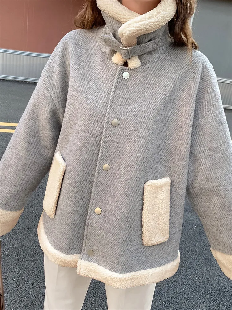 모직 코트 여자의 짧은 다운 스타일 작은 느슨한 양고기 가을에 가을 겨울 여자 벨트 재킷 트렌치 코트 재킷 스쿠버 반 Zip Veste Puffer Jackets Cardigan