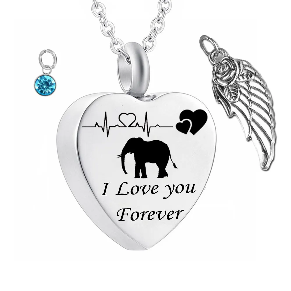 Heart Memorial Jewelry Birthstone Cremation Urn Ashes Elephant Pendant Stainless Steel Unisex Keepsake Memorial Charms Pendant