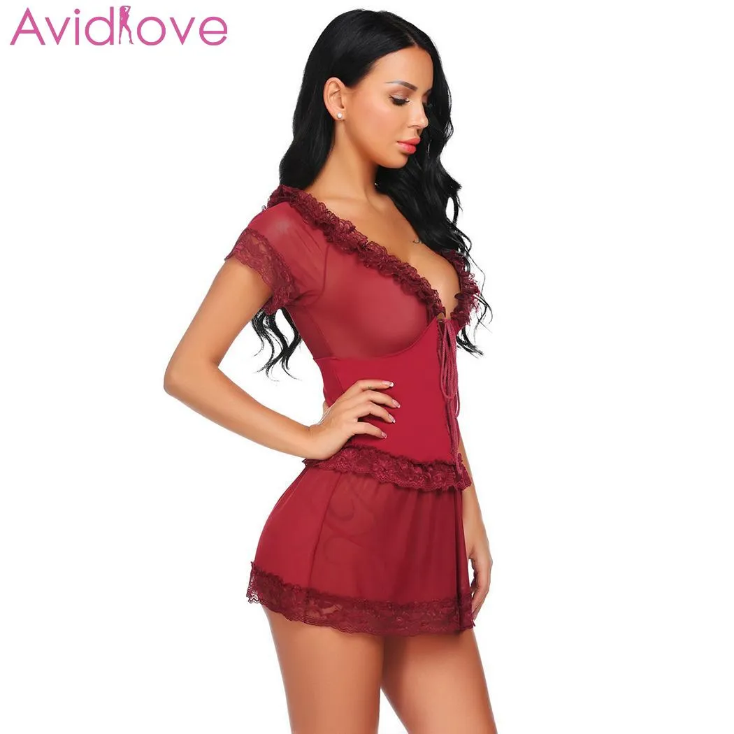 Avidlove Women 섹시 란제리 속옷 섹시 속옷 에로 속옷 코스튬 Chemise Pajamas 레이스 란제리 패치 워크 Ruffle