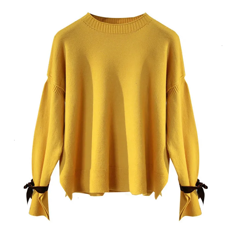 Fashion-R Women O Neck Bow Tie Up Sweter Split Side Sweter Słodki Spring Dzianiny sweter Luźny Rękaw Flare