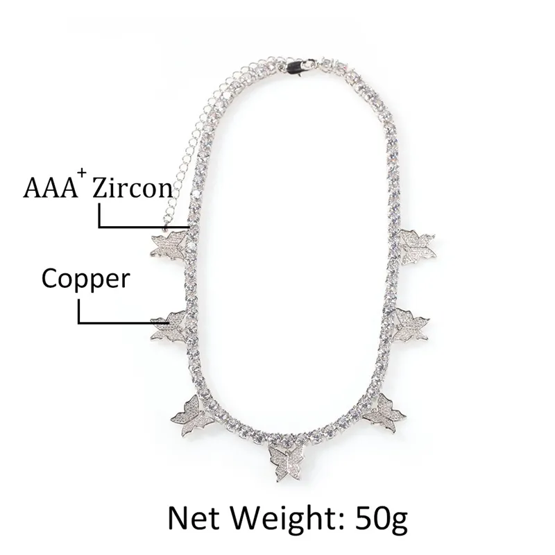 Fashion-Butterfly Tennis Chain Halsband Nya Mens Womens Hip Hop Halsband Smycken Silver Rosa Iced Out Diamond Chain Halsband