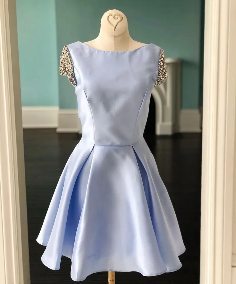 2020 Hoco 2K20 Blue A-Line Blue Satin Homecoming Dress with Jewel Neckline, Sleeves, and Backless - Perfect for Prom, Party, Cocktail, Graduation - 2020 Hoco 2K20 Blue A-Line Blue Satin Homecoming Dress with Jewel Neckline, Sleeves, and Backless - Perfect for Prom, Party, Cocktail, Graduation -