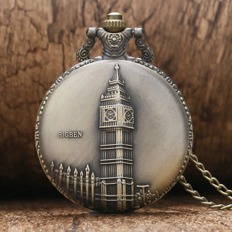 Brązowy Big Ben Tower London Design zegarek kieszonkowy kwarcowy naszyjnik łańcuch Fob zegarki zegar analogowy dla kobiet mężczyzn prezent