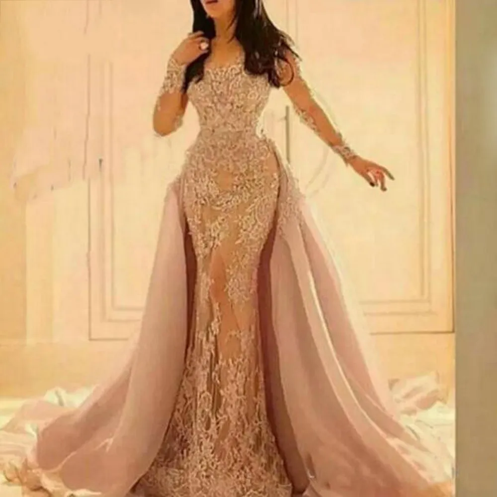 Vestidos de noite muçulmanos da sereia com os apliques destacáveis ​​do laço do trem ver através do vestido do baile de formatura do tamanho de Plus Dubai