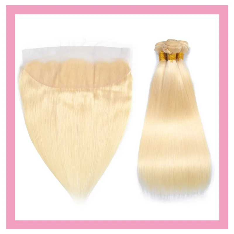 Cheveux humains malaisiens 3 paquets avec 13X4 dentelle frontale pré-épilée 613 # Extensions de cheveux raides blonds avec 13 par 4 frontale avec des cheveux de bébé