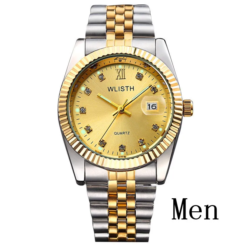 2019 WLISTH Altın İzle Lady Erkekler Lover Paslanmaz Çelik Kuvars Su geçirmez Erkek saatı erkekler Analog Otomatik tarih clcok için