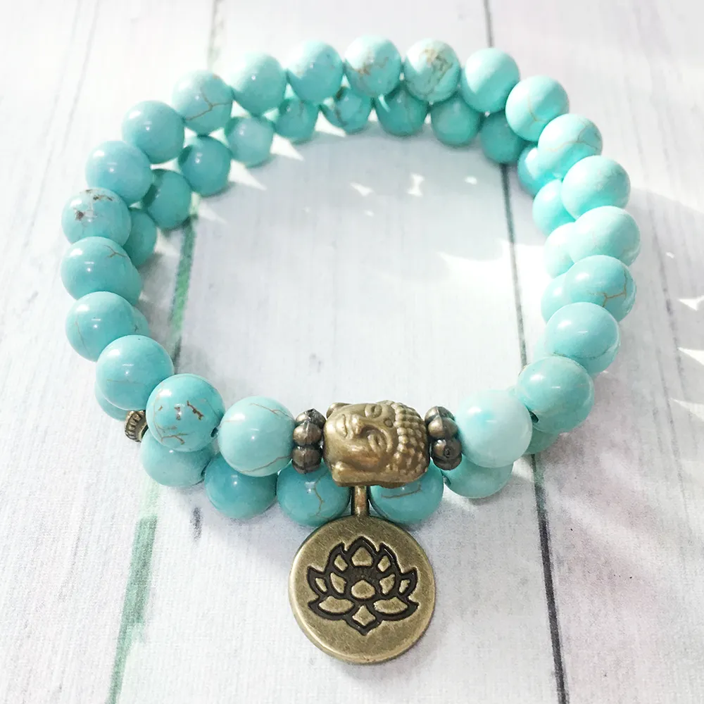 MG0410 Natural Blue Turquoise Bracelet Set Fashion Women`s Buddha Head Lotus Bracelet Heart Chakra Energy Yoga Jewelry Wholesale