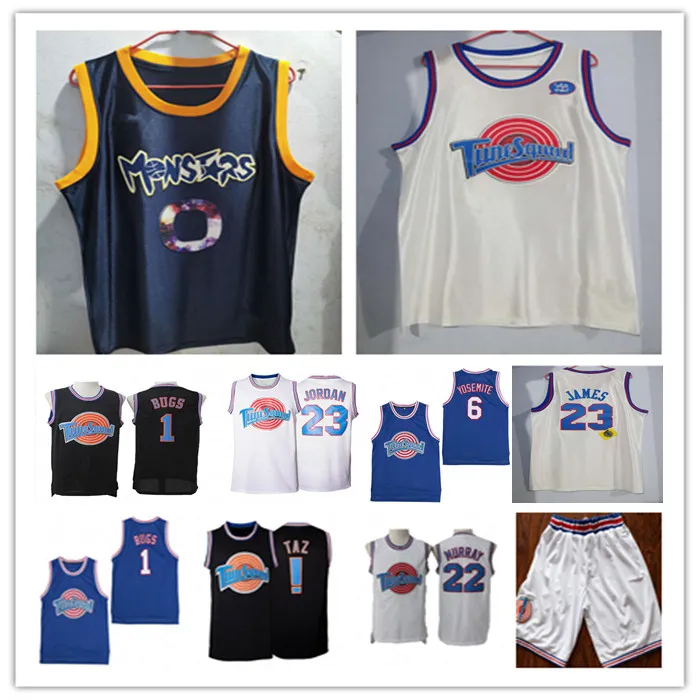 2020 Tune Squad Space Jam Movie Baloncesto LeBron James Jersey White Navy 0 Space Jam Looney Monstars Maillot de basket Stitched S-XXL