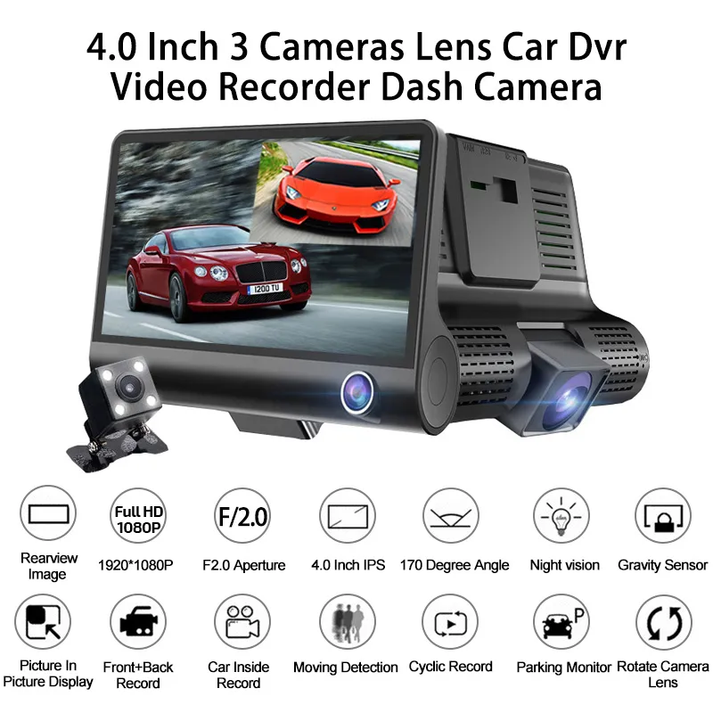 3 Cameras Car DVR Auto Driving Dashcam Vehicle Video Recorder 4 Display Full HD 1080P Front 170° Rear 140° Interior 120° G-s219p