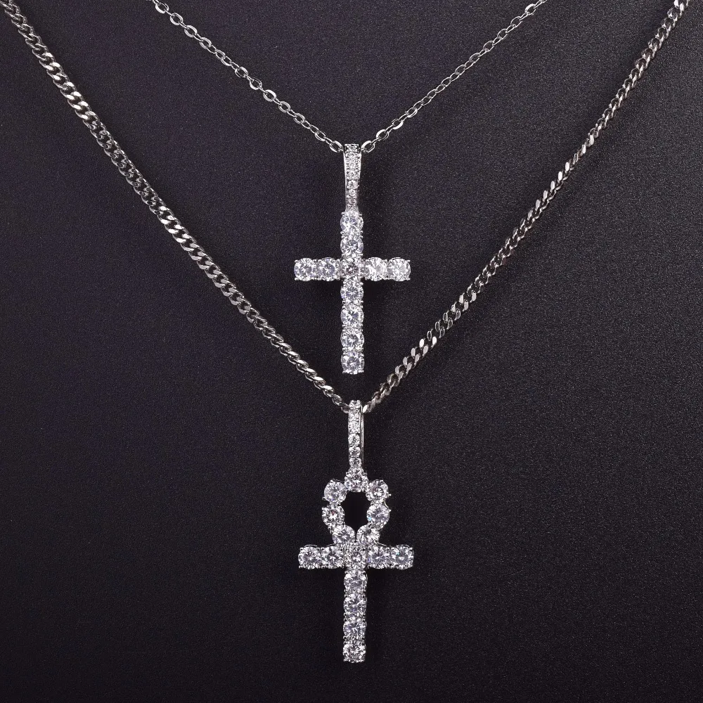 Colar de cruz de zircônia gelada Ankh Conjunto de joias Ouro Prata Cobre Material Bling CZ Chave para a vida Egito Pingentes Colares307H