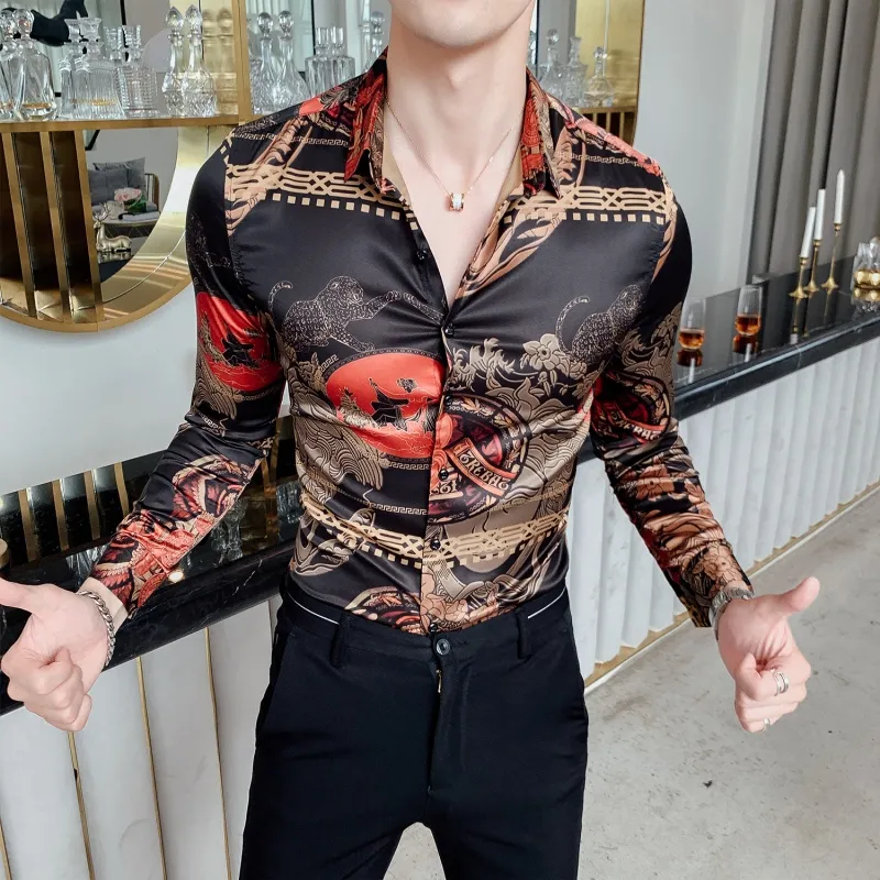 Net red society guy personality flower shirt retro male long-sleeved Korean smooth material men's shirt Slim nightclub clothes