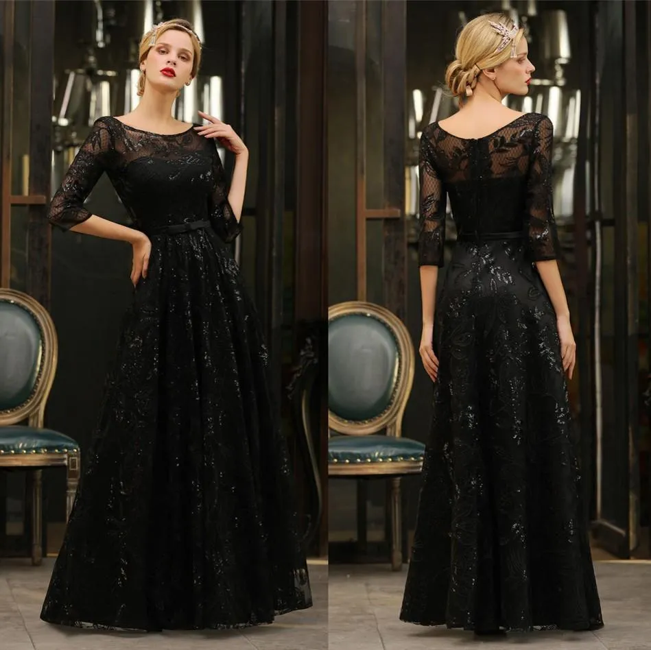 Modest Sheer 3/4 mangas compridas Lace Black Evening Dresses Sparkling Scoop Pescoço Uma linha Formal Party Vestidos de noite 100% Imagem real CPPS1341