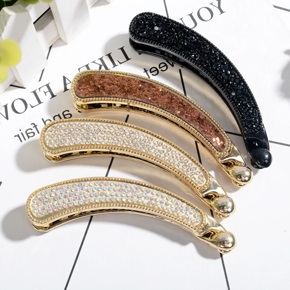 Shining Full Crystal Rhinestone Banana Hair Clip Tillbehör Barrette För Kvinnor Tie Up Vertikala Clips Ponytail Hair Claws