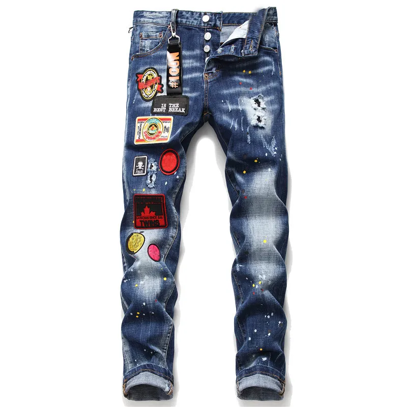 Men Badge Blue Slim Fit Jeans Fashion Skinny Washed Motocycle Denim Pants Panelled Hip Hop Biker Streetwear Trousers 10059