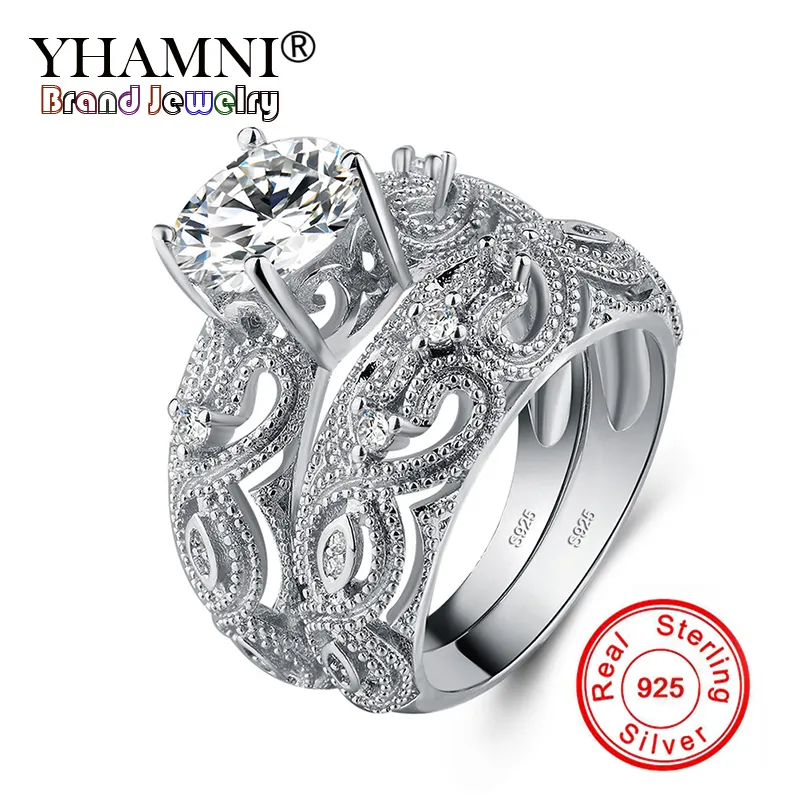 YHAMNI New 2Pcs Hollow Love Heart Flower Ring 100% 925 Sterling Silver Engagement Wedding Ring Set Jewelry For Women LRA0266