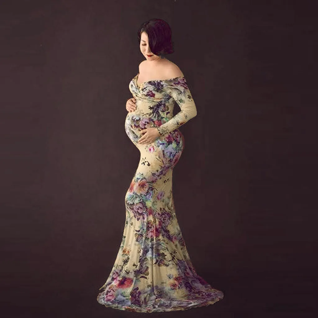 Hillsly Maternity Dresses女性妊娠中のポイングラフィックスポーツオフショルダーロングスリーブプリントドレスvestidoエンボラザダ