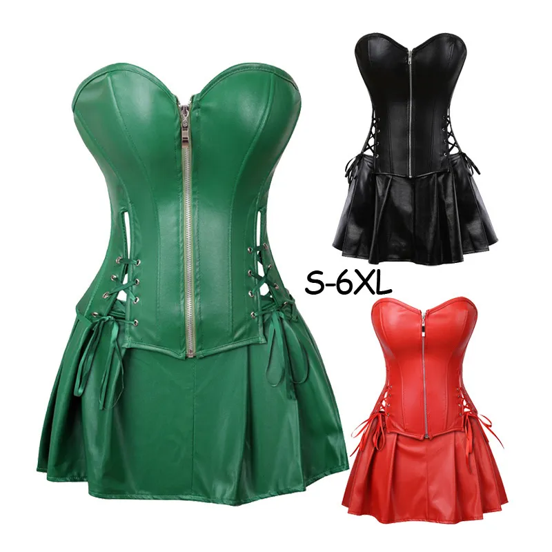 플러스 사이즈 S-6XL 블랙 지퍼 PU 가죽 코르 셋 BUSTIER 드레스 세트 overbust 섹시한 란제리 여성 레이스 올려 Corselet 탑 스커트 끈 y19070201