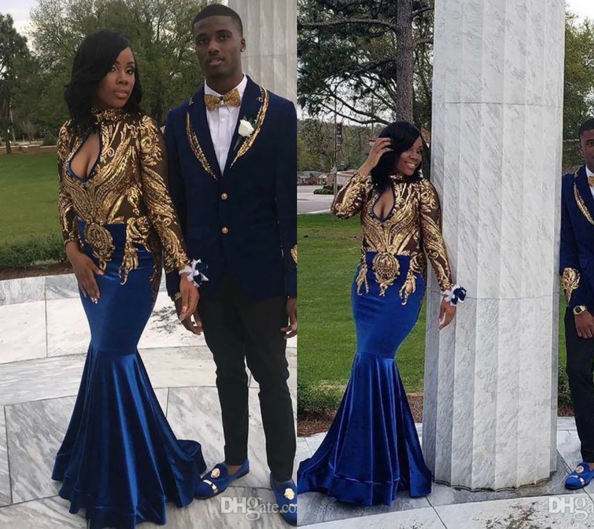 Royal Blue Mermaid Prom Dresses South Africa Keyhole High Neck Gold