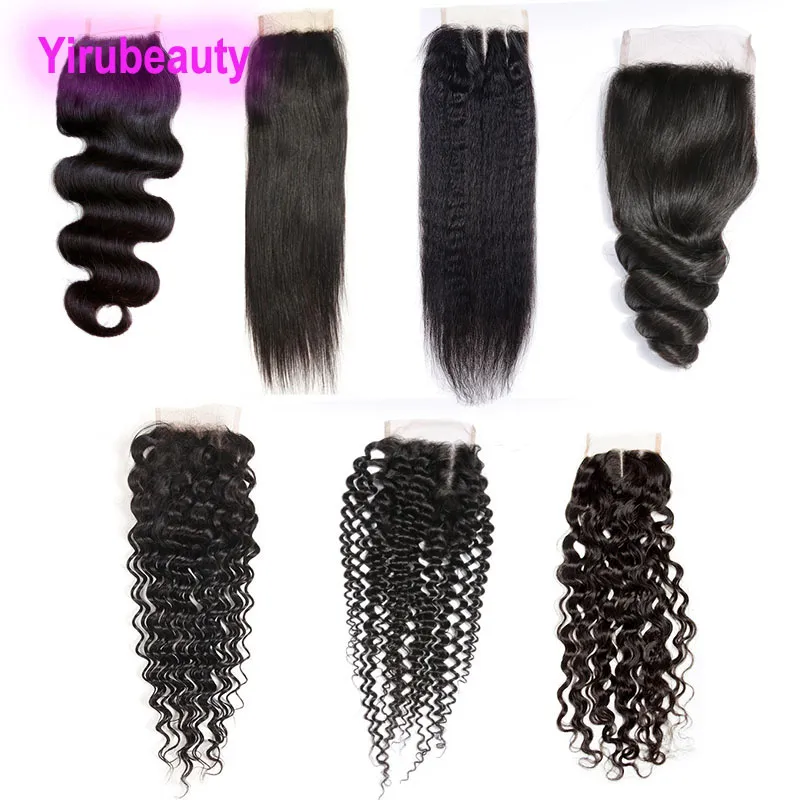 Brazilian Virgin Human Hair kinky straight Yaki Deep Wave Loose Wave Body 4X4 Lace Closure Middle Free Three Part