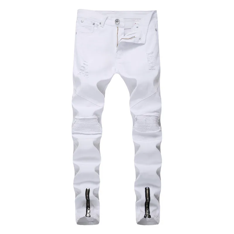 2020 Men's New Casual Pleated Tight Jeans Youth Ripped Elastic Feet Zipper Pants White Slim Pants