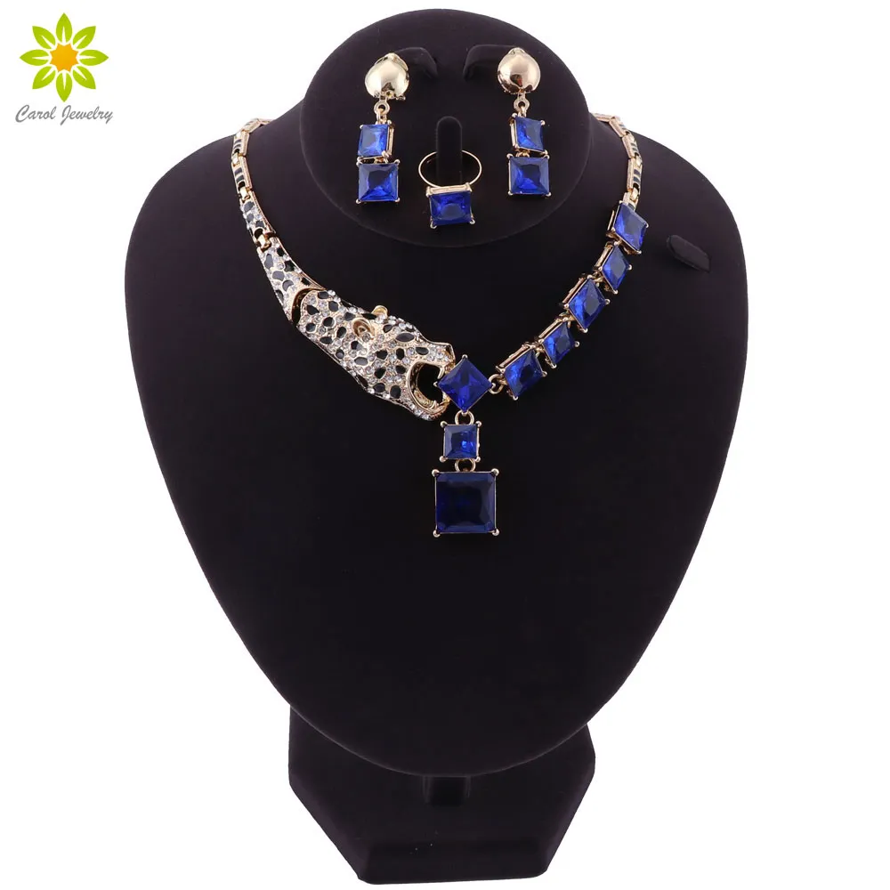 Blue Crystal Necklace Earrings Bracelet Set Indian Bridal Jewelry Sets Women's Party Costume Luxury Jewellery Gift