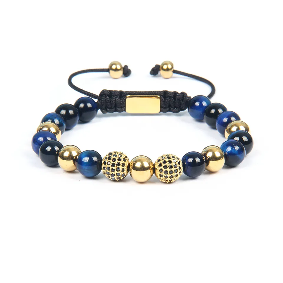 Moda negro Cz trenzado pulsera hombres regalo colores naturales Ojo de tigre joyería de piedra pulseras de acero inoxidable hombres mujeres de alta calidad