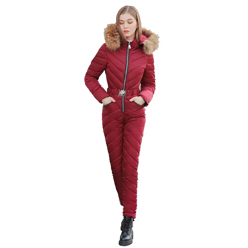 New Elegant Women Ski Suit Casual Long Zipper Warm Cotton Padded Hooded Jacket Coat One Piece Jumpsuits Winter Tracksuits