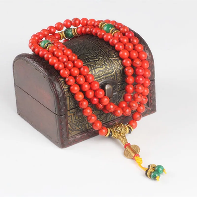 Sennier 108 Red Coral Pulseira Natural Pedra Beads Mala Colar de Oração Budista Rosário Strand Pulseiras Buda Meditação Y200107