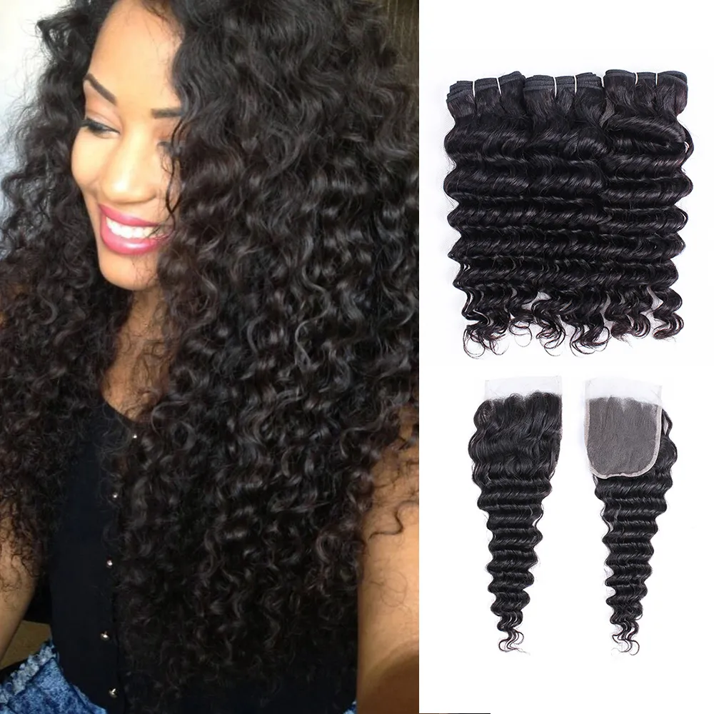 Brazilian Wave Wave Hair 3 Pacotes com 4 * 4 Lace Fechamento Natural Color Double Wew No Shedding Tecelagem