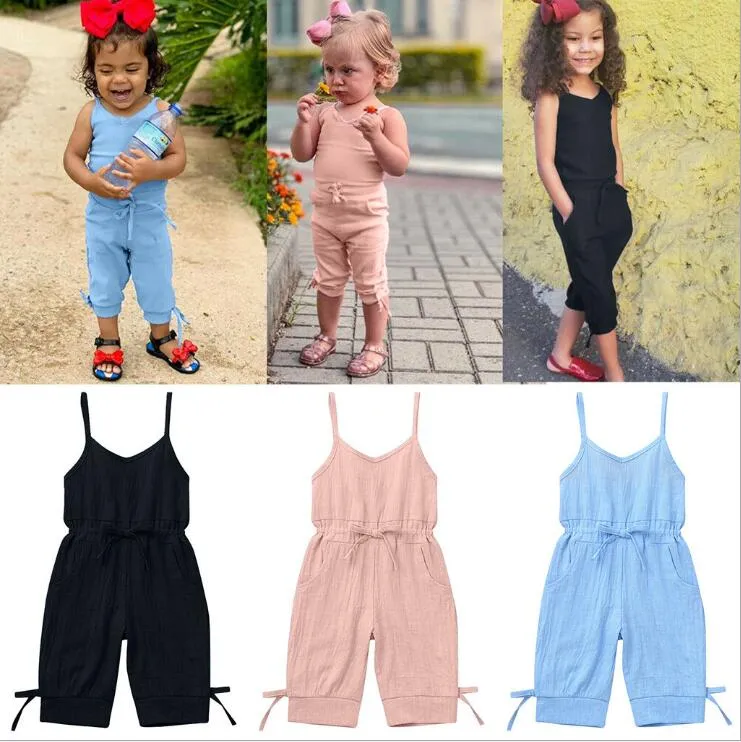 Kids Designer kleding Meisjes solide mouwloze rompertjes zomer katoen linnen jumpsuits boog sling onesies bodysuits broek klim kleren B7578