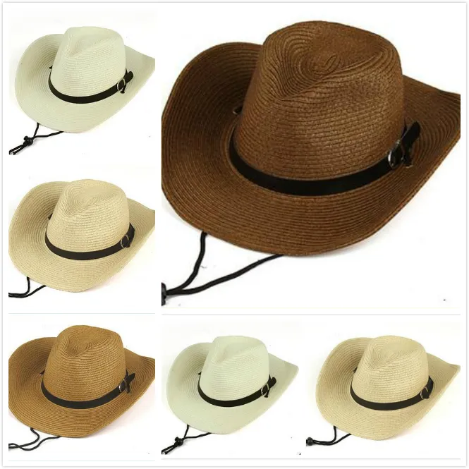 Cappelli da cowboy da uomo in treccia di paglia con fibbia Western American Mens Cappello Lady Beach Cappelli solidi Kaki