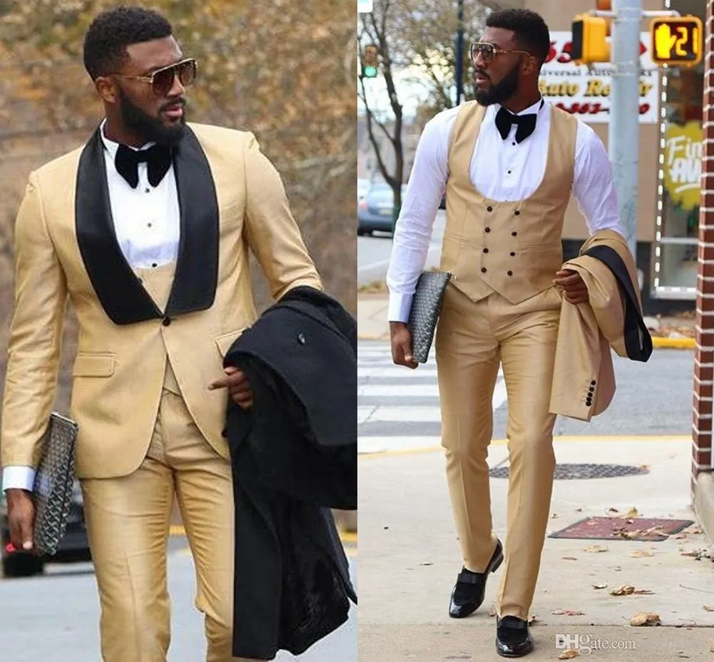 Clothes Business Suit Costume Slim fit Casual Design Champagne Prom Suits Groom Tuxedos For Men Wedding Suit ( Jacket+Pants+Vest )