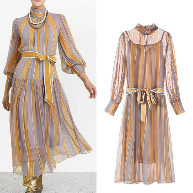 Autumn Vintage Runway Designer Dress Women 2019 Long Sleeve Striped Pleated Midi Dress Chiffon Dress With Sashes