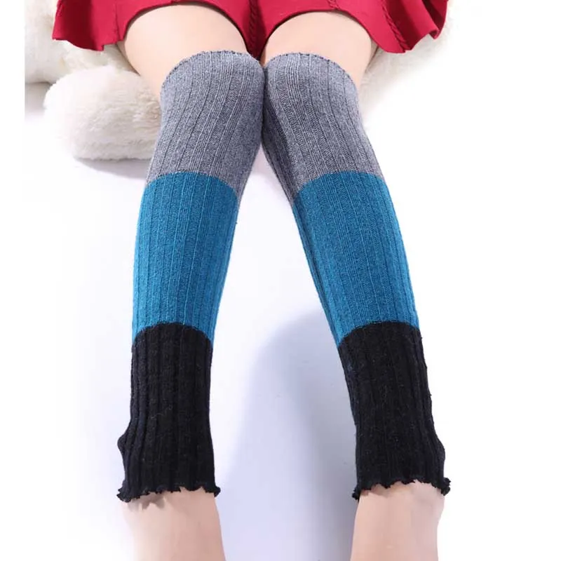 대비 색상 무릎 높이 다리 따뜻함 스타킹 부츠 양말 여성 겨울 양말 레깅스 여자 옷