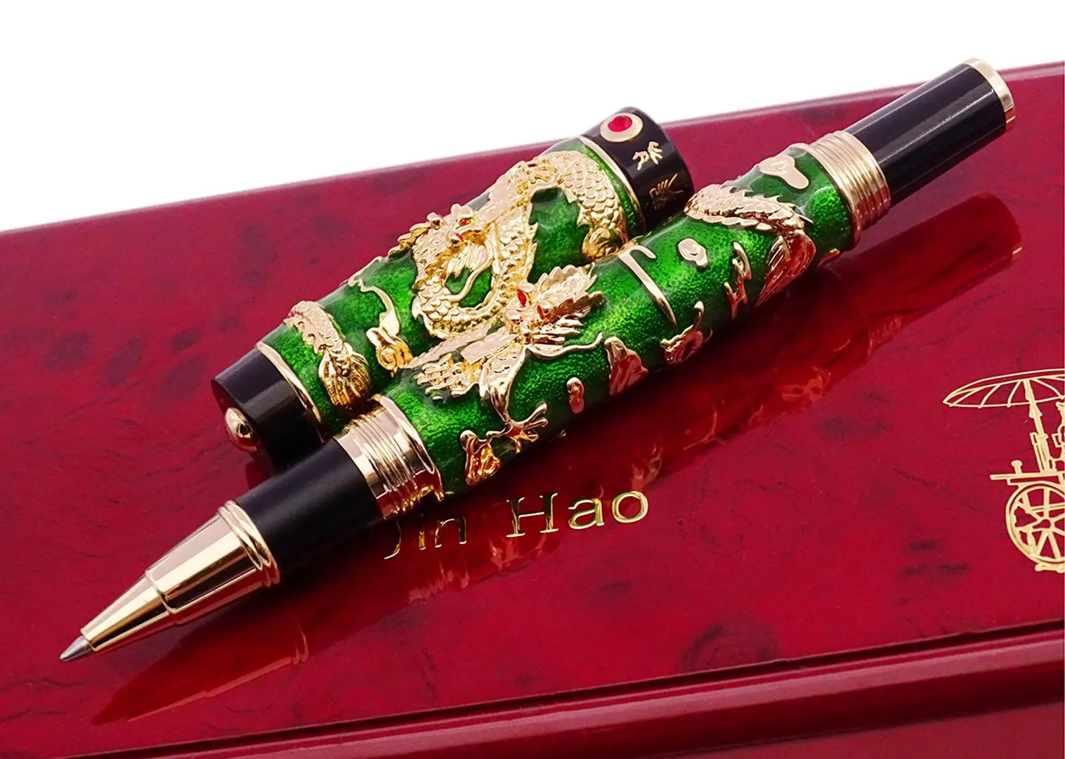 El yapımı jinhao roller top kalemi, yeşil cloisonne çift ejderha kalemi gelişmiş zanaat yazma hediye kalemi iş mezunu