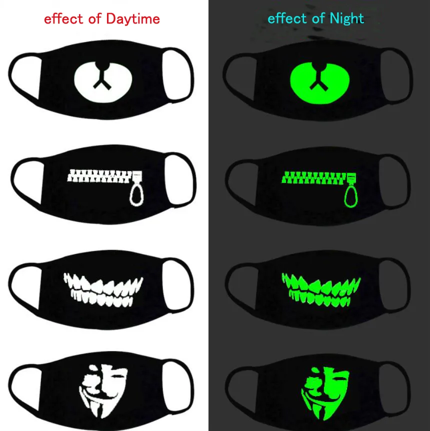Maschere per il viso luminose nere Cartoon Anti-Polvere Personalità della moda Denti Glow Maschera per la bocca in cotone scuro nella notte Cosplay di Halloween