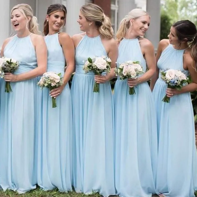 Longa luz céu azul vestido de dama de honra halter pescoço sem mangas chão comprimento boêmio cintura ruched casamento festa de casamento