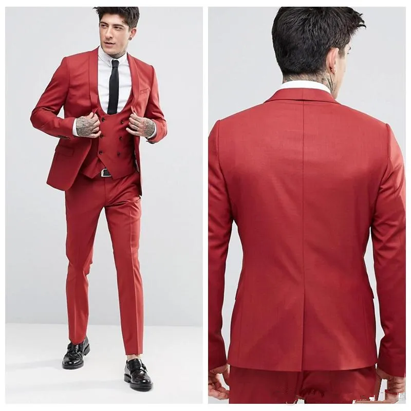 Vintage Damat Kırmızı Smokin Şal Yaka Bir Düğme Üç Cepler Damat Son derece Serin Takım Elbise En İyi Adam Suits (Ceket + Pantolon + Yelek)