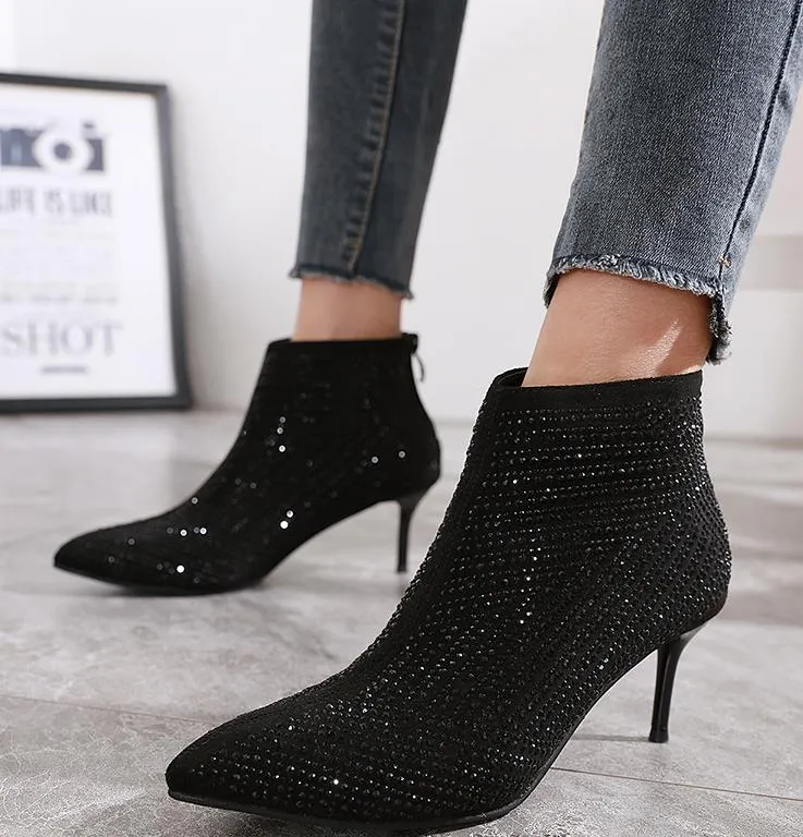 Chic black rhinestone kitten heel bootie 6cm fashion luxury designer women shoes winter boots Size 34 To 40