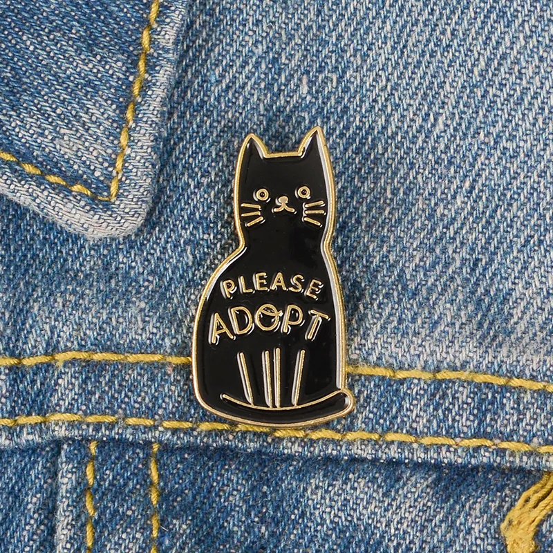 Broche en émail pour chat, veuillez adopter une broche en forme d'animal noir, mignon, dessin animé, Badge à revers, bijoux en Denim, chaton fascinant