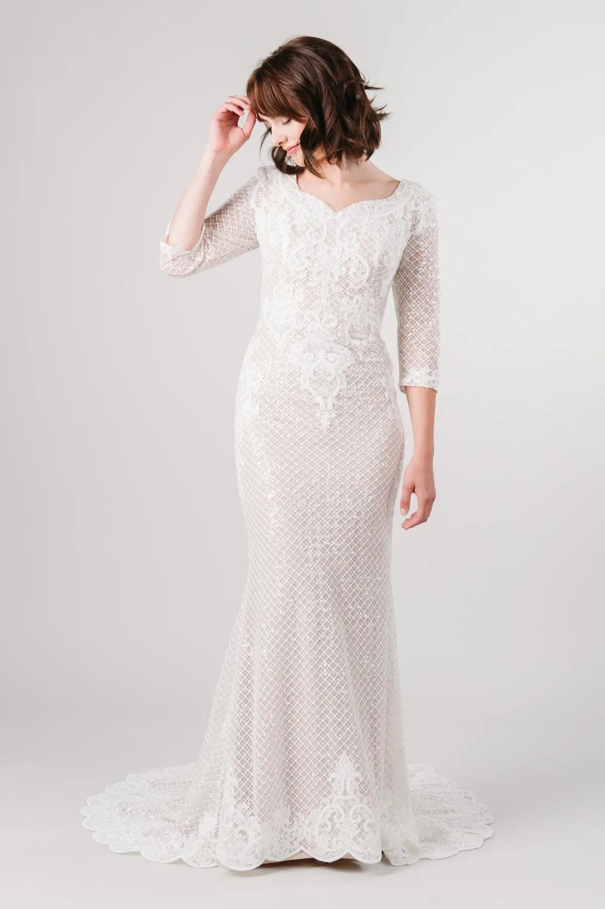 2019 Champagne Unique Sparkle Lace Mermaid Abiti da sposa modesti con maniche a 3/4 LDS Abiti da sposa conservatori da donna per matrimoni invernali