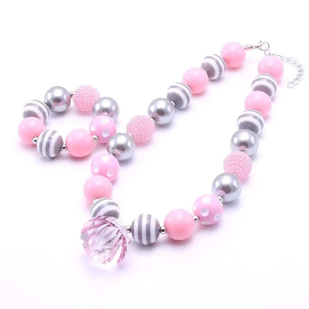 Hotsale rose gris couleur enfants grosses perles collier ensemble de bijoux à la mode fille enfants perles gros collier Bracelet ensemble